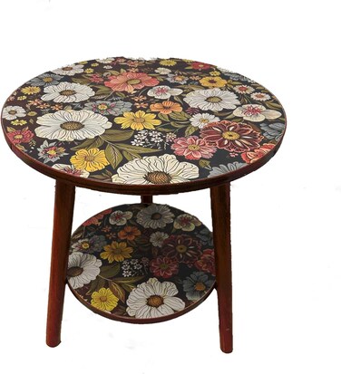 Radiotronics 2 Tier Colorful Boho Printed Coffee Table, 16" Round Accent Side Tables & Wood Bed Side Tables, End Table for Living Room Balcony Couch Bedroom, Perfect for Coffee