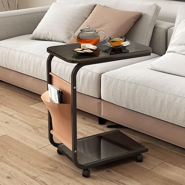 Radiotronics C Shaped end Table, DMG Coffee Table with Wheels, Snack Side Table Couch with Side, Pocket Bed Laptop Table Narrow End Table That Slide Under Sofa