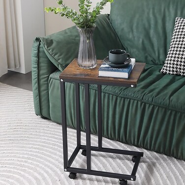Industrial Retangle End Table, Small Sofa Side Table with C-Shaped Pillar Sliding Base with Wheels for Easy to Move (28 * 40 * 61)