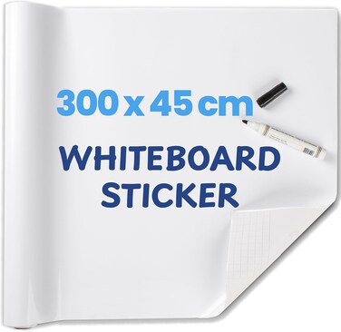 Whiteboard Sticker for Wall, 300 x 45 cm Peel and Stick Dry Erase White Board Roll, Stain-Proof Self-Adhesive Whiteboard Paper for Home, Office, Classroom, Included Starter Kit