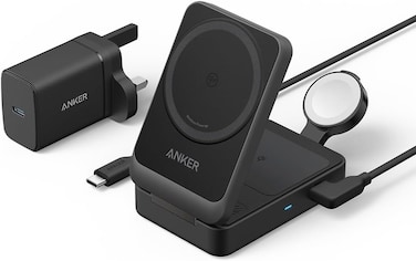 Radiotronics MagGo 3-in-1 Wireless Charging Station, Qi2 Certified 15W Wireless Stand, Apple Watch Charger for MagSafe, For iPhone 17/16/15, AirPods