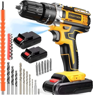 48V Cordless Drill, 3/8 Inch Power Drill Set with 2 Lithium Ion Battery, 19 Positions and 24-Pieces Drill/Driver Accessories Kit (Black &amp;Yellow)