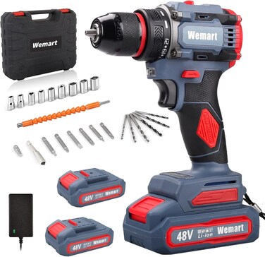 48V Brushless Electric Drill with Battery and Charger, Torque 40Nm, 21+1 Torque Setting, 3/8-Inch Keyless Chuck, Drill Driver Bits Kit, with LED Power Drill Set, grey