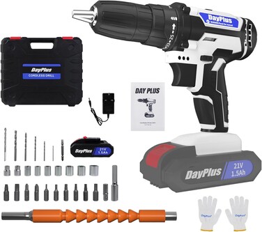 21V Cordless Drill Driver, Electric Screwdriver Set With 29pcs Bits, Rechargeable Power Drill Kit with 1500mAh Battery and Charger, Torque 45NM