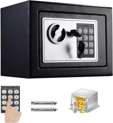 Electronic money box with Digital Keypad and Keys, small safe Lock Box Steel Construction 4.6L cash box Money Jewelry Document safe, 23 x 17 x 17 cm, Black