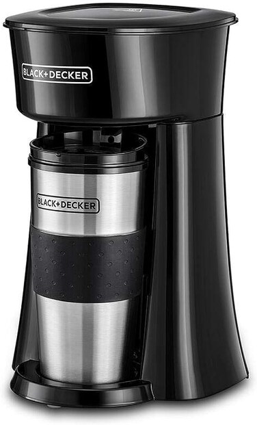Coffee Machine, 650W, Includes 360ml Travel Mug with Lid, Auto-Off, Permanent Filter, Overfill Protection, Compact Design, Easy Storage, ECO Friendly, Black/Silver
