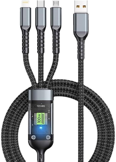 Fast USB Cable Charger, 3-in-1 Multi Charging 100W, Type-C/Micro USB/Lightnning, Compatible with All Devices, Strong and Durable, Black, 1.2 Meters
