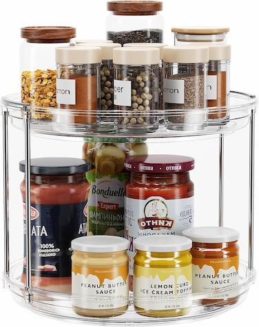 2 Tier Lazy Susan Turntable Organizer 9.25'' Rotating Spice Rack Organization for Cabinet, Kitchen Pantry Organizer, Countertop, Spining Makeup Organizer for Bathroom Vanity, Clear