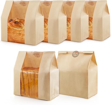 60 pcs Paper Bread Bags for Homemade Bread, Paper Bakery Bag for Baked Food Packaging Storage, Large Kraft Paper Bread Loaf Bag with Window Label Seal Sticker