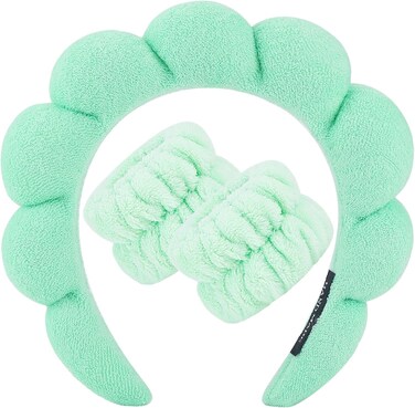 Wristband Set Sponge Makeup Skincare Headband Wrist Towels Bubble Soft Hairband for Women Puffy Headwear Winter Non Slip Thick Thin Hair Accessory(Light Green-3)