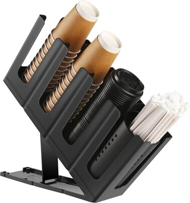 Paper Cup and Lid Holder with Straw Organizer, Disposable Coffee Cup Dispenser for Countertop Coffee Station Bar Restaurant Breakroom