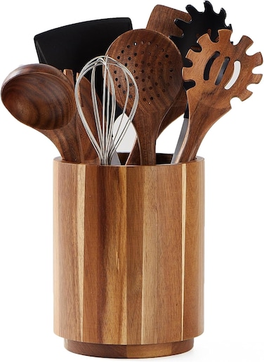Radiotronics Wood Utensil Holder for Kitchen Counter, 360° Rotating 7.2" Large Cooking Utensil Holder, Kitchen Utensil Storage Organizer for Countertops, Farmhouse Kitchen Décor