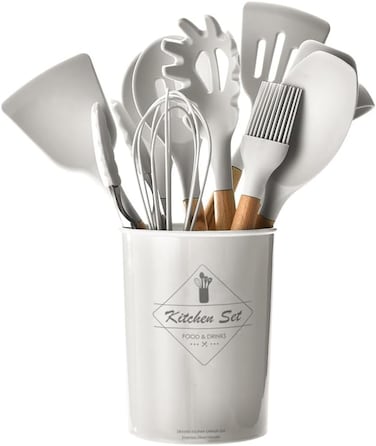 Radiotronics 11 Pieces Silicone Cooking Utensils Set, Nonstick Cookware Set with Storage Bucket, Heat Resistant Kitchen Untensils Set with Premium Wood Handles (White)