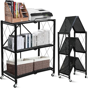 Radiotronics 3 Tier, Storage Shelves Kitchen Cabinet Storage Rack with Caster Wheels, Multi-Shelf Foldable Storage Shelves for Living Room Bedroom Kitchen, Black