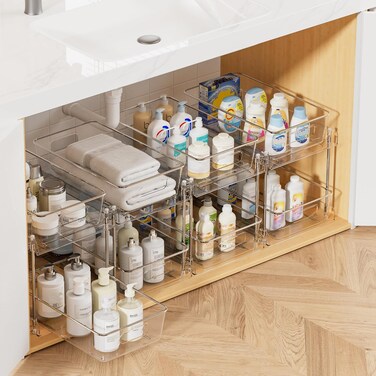 2 Tier Bathroom Storage Organizer, 4 Pack Clear Under Sink Organizers Vanity Counter Storage Container, Medicine Cabinet Drawers Bins, Kitchen