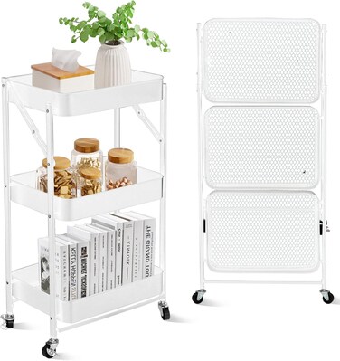 Radiotronics 3 Tier Foldable Metal Rolling trolley organizer , Multipurpose Organizer Trolley with Casters for Kitchen, Bedroom, Bathroom, Office, Laundry Room and Garage White