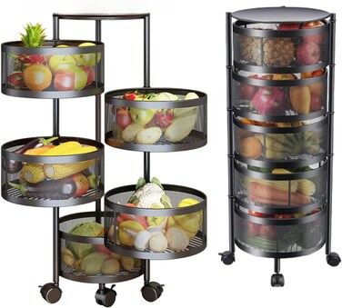 Radiotronics 5 Tier Kitchen Storage Shelf, Rotatable Fruit Vegetable Basket, Circular Rotating Basket Large Storage Rack with 4 Movable Wheels