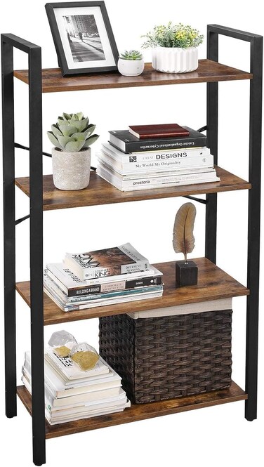 Radiotronics 4 -Tier Book Shelf, Bookcase with Steel Frame, with Wooden Shelves for Office Living Room Bedroom Kitchen Industrial Style Rustic Brown
