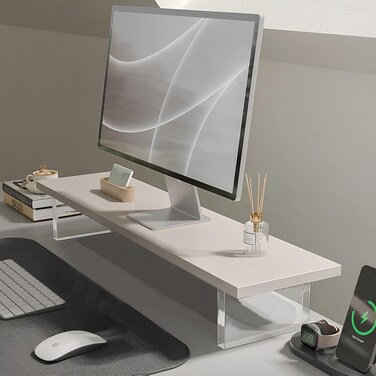 60cm Wood Monitor Stand for Desk, TV/Screen/PC/Printer/Laptop Riser, Computer Stand with Keyboard Organizer, Desktop Shelf, Monitor Riser (White)