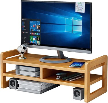 Radiotronics Monitor Stand Riser 2 Tier Computer Monitor Rack Bamboo Desktop Stand with Storage Organizer PC Laptop Save Space TV Printer Monitor Table Adjustable