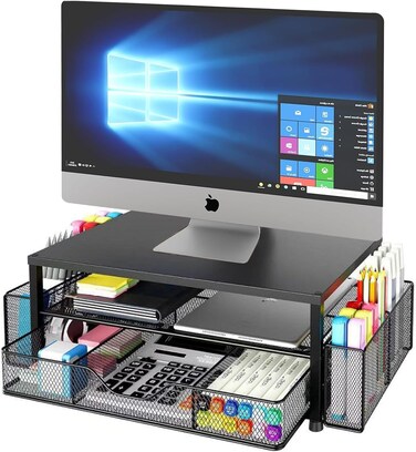 Radiotronics Desk Organizers and Accessories with Storage Drawers, Metal Monitor Stand with 2 Pen Holders, Desktop Organiser for Home Office Supplies (Black)