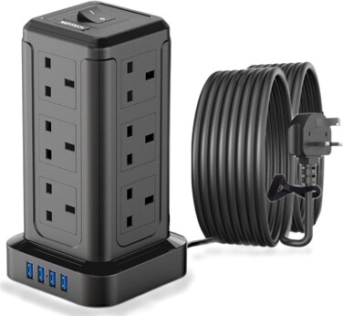 Radiotronics 5-meter 16-In-1 Power Extension Cord Tower,12 UK-UAE Power Sockets, Desktop Charging Station 2500W, 4 Smart USB Slots Surge Protected Fire Proof