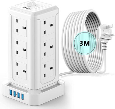 Radiotronics 3-Meter Power Extension Cord Tower,12 Power Sockets 2500W suitable for big plugs with 4 Smart USB Slots Charging Station, Surge Protector Heavy Duty