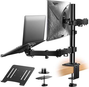 Radiotronics Dual Monitor Arm with Laptop Tray - Dual Vesa Mount Arm, Monitor Stand with Laptop Holder, Dual Screen Mount for 13-32", 2 Vesa Stand Up to 8Kg for Gaming & Office