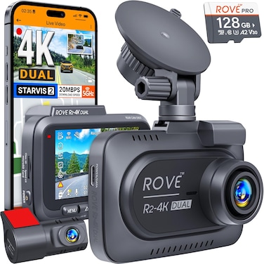 Radiotronics 4K DUAL Dash Cam Front and Rear, STARVIS 2 Sensor, FREE 128GB Card Included, 5G WiFi - up to 20MB/s Fastest Download Speed with App