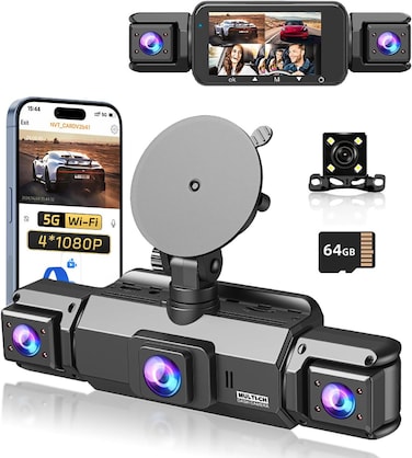 360 View 4 Channel Dash Cam Front and Rear Left Right Inside Camera for Cars, GPS and 5G Band WiFi, Night Vision, 160 Wide Angle, WDR, 24H Parking Mode