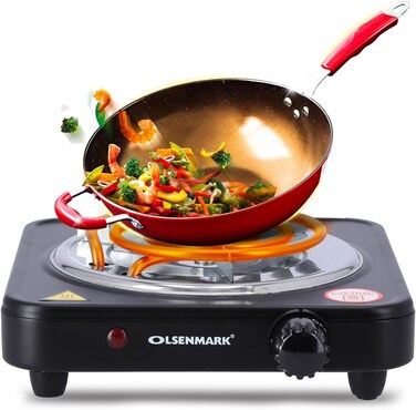 Single Burner Electric Hot Plate, 1000W - Plate Diameter 185 mm - Variable Heat Settings - Overheat Protection - Light Indicator - Auto-Thermostat Control