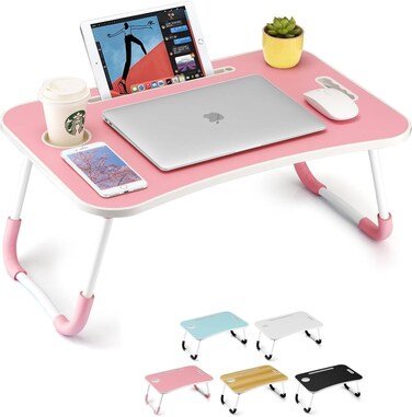 Radiotronics Portable Folding bed Table, Laptop Desk With ipad and Cup Holder Adjustable Lap Tray Notebook Stand, Foldable Non-slip Legs Reading Table Tray