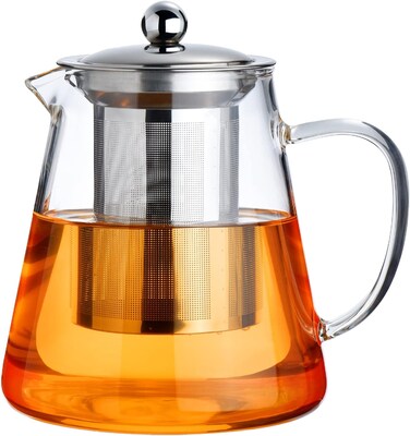 Borosilicate Clear Tea Kettle with Removable 18/8 Stainless Steel Infuser, Teapot Blooming and Loose Leaf Tea Maker Tea Brewer for Camping, Travel (550ml)
