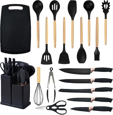 19-Piece Cooking Utensils Set With Heat Resistant Silicone Spatulas, 6 Sharp Knives, and 2 Cutting Boards (Black)