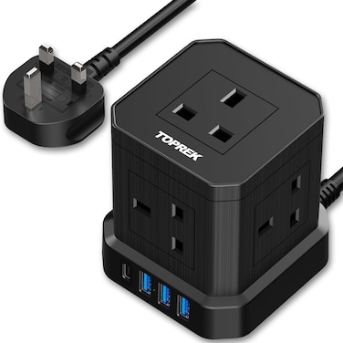 Radiotronics Cube Extension Lead with USB Slots, 5 Way Power Strip with 5 AC Outlet 4 USB (20W PD3.0 Fast Charger) 1 Switch, 2M Extension Cord, 3250W/13A, UK Power Strip for Desk Home Office Travel