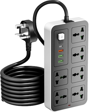 6-Outlet 3M Extension Cord with USB Ports and C-type, Surge Protector &amp; Multi-Plug Adapter, Power Extension Cable, USB Hub with Smart and Socket - Perfect for Gaming with 13A Fused Plug