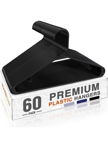 HOUSE DAY Durable Black Plastic Hangers Light-Weight with Hooks 60 Pack are Perfect Use in Any Closet For Space Saving And Everyday Use.