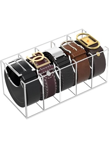 Belt Organizer, Closet Belt Organizer, 5 Compartment Belt and tie Display Cabinet, Acrylic Clear Belt Box Storage Holder for Closets and Drawers