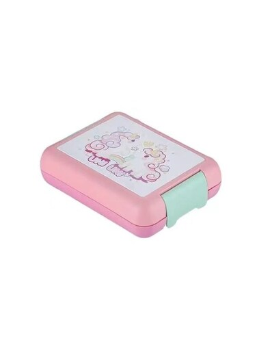 علبة غداء أطفال بلاستيكية متعددة الأقسام من موبكوس، بتصميم يونيكورن وردي، مزودة بغطاء محكم الإغلاق لحفظ الوجبات طازجة ومنظمة.