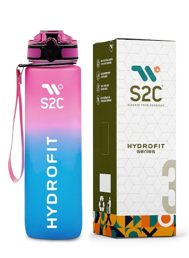 Motivational Large Water Bottle 1L Tritan Plastic Water Bottle With Time Markers, Leak Proof Water Bottle For Kids, School Water Bottles Plastic Water Bottle Gym Bottle (BLUE-PINK)