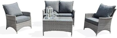 Yulan Outdoor Rattan Garden Furniture Set Patio Conservatory Balcony Indoor Outdoor 4 Seater Piece Glass Top Coffee Table Modular Sofa Loveseat with Cushions Grey (410397)