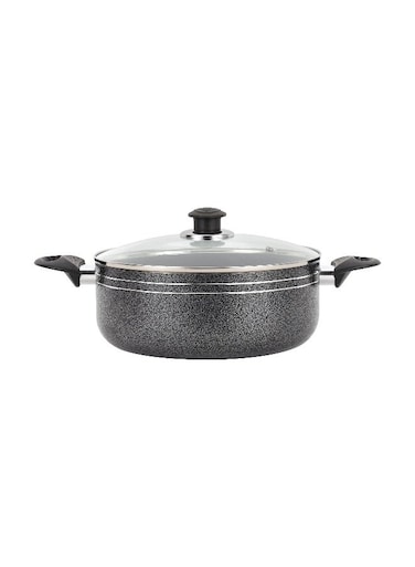 32 CM Aluminium Casserole -RF11965/Heat-resistant exterior Compatible with Hot Plate, Halogen, and Gas,/ Non-Stick Coating, Perfect for Casseroles, Safe for freezer and Tempered Glass Lid with Steel Frame/ Black Color