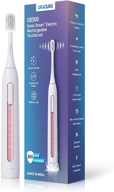 ORACURA&reg; SB300 Sonic Smart Electric Rechargeable Toothbrush &ndash; 36,000 Strokes/Min &ndash; 5 Modes &amp; 3 Intensity Levels &ndash; 2-Min Auto Timer &ndash; 90-Day Battery &ndash; 1 Year Warranty (Peach)
