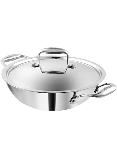 Vinod Platinum Triply Stainless Steel Kadai/Cooking Pot/Wok with SS lid 2.5 Litre(24 cm) 2.5mm Thick Sturdy Riveted Side Handles  Induction &amp; Gas Stove Friendly SAS Metal