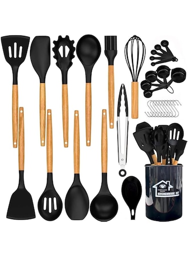 CERAMIC Kitchen Cooking Utensils Set, (33 Pcs Black &amp; Wood) Non-Stick Silicone Utensils Spatula Set with Holder, Wooden Handle Silicone Kitchen Gadgets Utensil Set for Nonstick Cookware