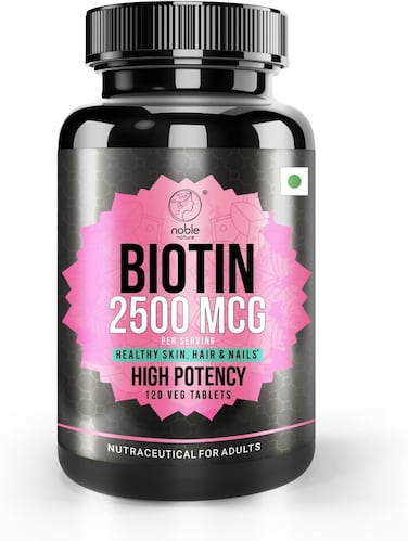 Noble Nature Biotin 2500MCG, Supplement for Hair Growth, Strong Hair and Glowing Skin, Fights Nail Brittleness, 120 Biotin Tablets