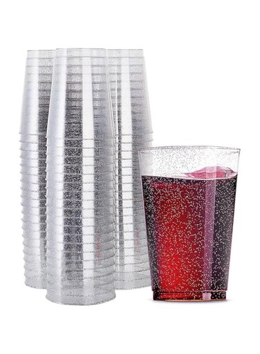SWIUKPHE Plastic Cups, 25 Count 10 oz Silver Glitter Clear Plastic Cups Tumblers, Hard Plastic Disposable Cups For Wedding Glasses Plastic Party Cups, Clear Plastic Cups Tumblers, Wedding, Party Cups