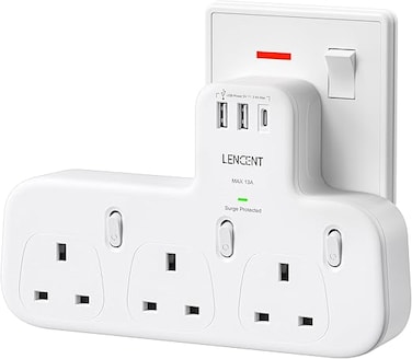 LENCENT 3 Way Plug Extension with 1 USB C and 2 USB Ports, 3 AC Wall Charge Extender, Multi Plug Adapter Surge Protected for Household Appliances, iPhone, Smartphone, Tablets, 13A 3250W
