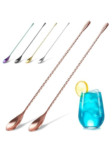 YOTIPP 2-Pack 12 Inches Stainless Steel Bartender Mixing Spoon Cocktail Stirrers, Spiral Pattern Bar Spoon Stirring Spoon with Long Handle (Rose Gold)