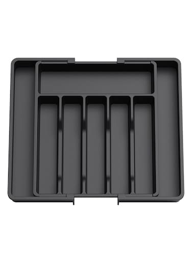 Silverware Drawer Organizer, Expandable Utensil Tray for Kitchen, BPA Free Flatware and Cutlery Holder, Adjustable Plastic Storage for Spoons Forks Knives, Large, Black
